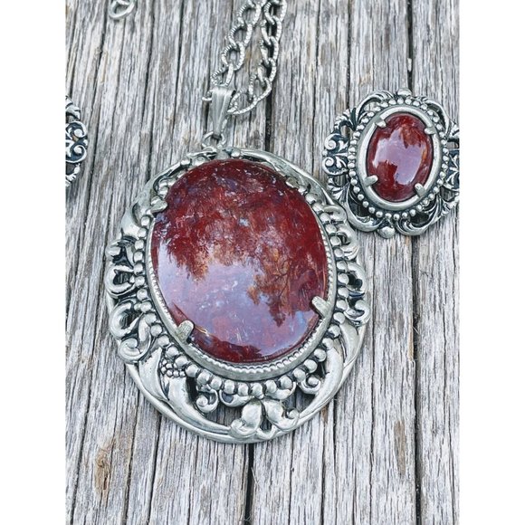 Vintage Large Red Jasper Pendant Necklace earring Set - Picture 3 of 9